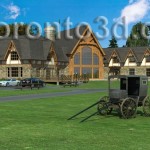 Architectural visualization Timber Frame Motel and Spa with heritage wagon